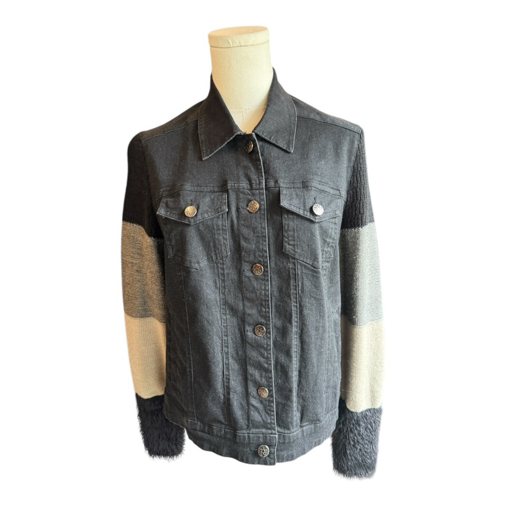 🧥 CHARLIE B Black Denim Jean Jacket Grey Cream Colorblock Sleeves Womens Medium